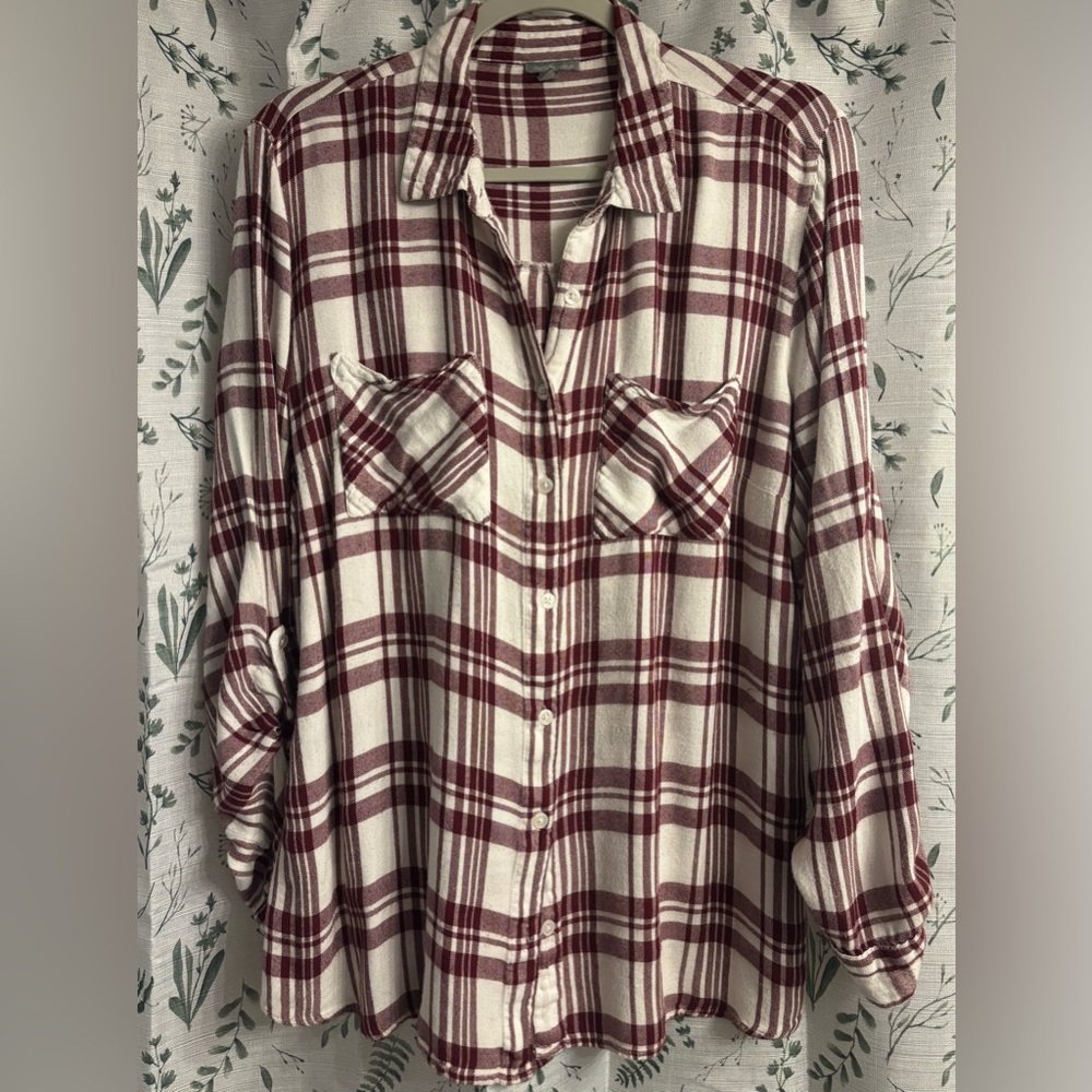 Maroon and Cream Plaid Button-Down Shirt